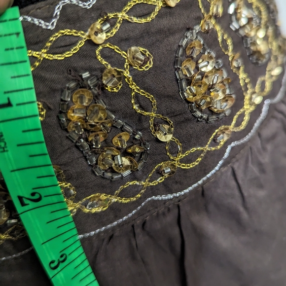 OVERDRIVE | Maxi Skirt Embroidery/Sequin Waistband Flowy | Brown | Plus Size 1X - Picture 4 of 7